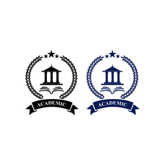 Academic logo featuring a classical building, open book, and laurel wreath for educational institutions.