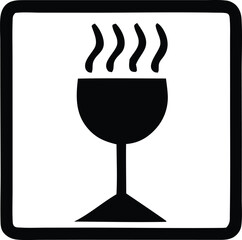 A black and white icon depicting a wine glass with steam rising indicating a hot beverage or temperature sensitivity