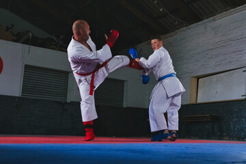 Teenage Boy Practicing Karate with His Father and Instructor