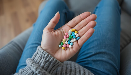 High-resolution, close-up top view of a person holding colorful pills, tablets, and capsules in one hand while picking one with the other. Sharp focus on hand and pills, soft natural lighting.