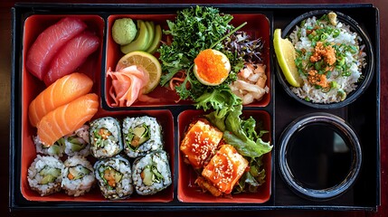 Delicious Japanese Bento Box Salmon, Tuna, Sushi, and Tofu