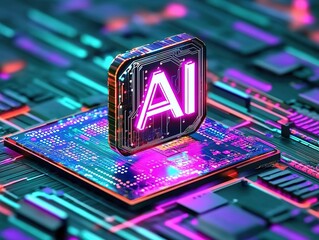Isometric AI Icon on Colorful Circuit Board, Metallic Hologram Neon Tech Data Concept with High-Resolution Render