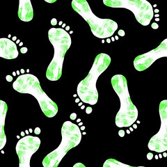 A high-contrast pattern of red footprints on a black background, conveying a bold and edgy artistic design.