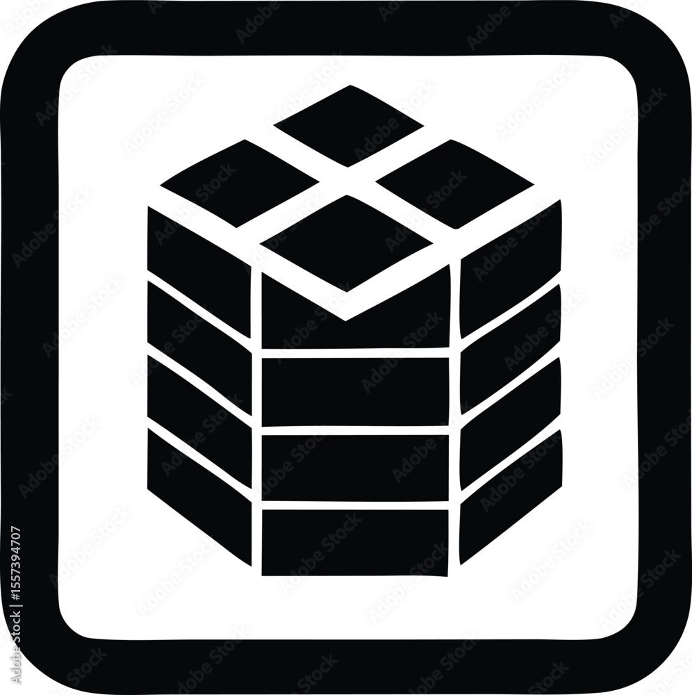 Poster stylized black and white isometric cube logo with a grid pattern on top enclosed in a rounded square
