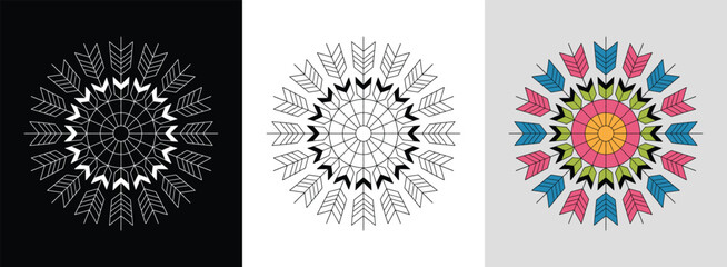 Dynamic arrow mandala with layered segments and bold color fills for striking decor.