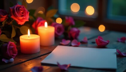 Romantic candlelit setting with empty notecard, soft, red, shadow