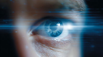 Illustration close-up view of eye, digital data. Represents biometric, user behavior monitoring. Advanced tech theme with split-complementary color scheme, futuristic tech, digital security concept.