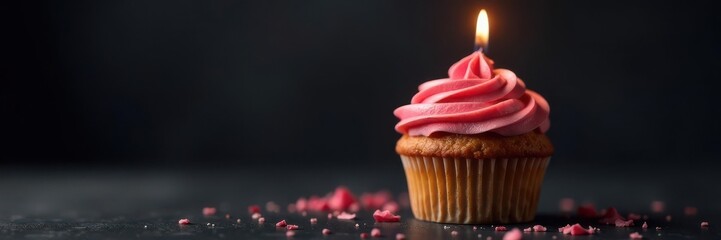 Single cupcake with lit candle, dark background, single, background