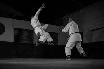 Teenage Boy Practicing Karate with His Father and Instructor