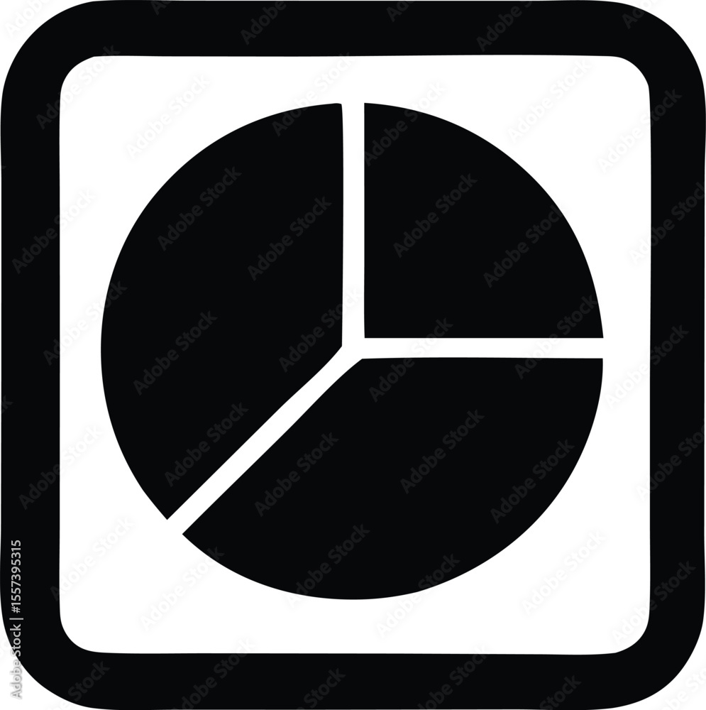 Poster simple black and white icon representing a pie chart divided into three equal segments within a roun