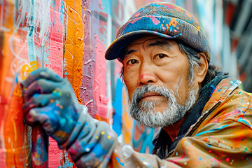 Portrait en gros plan d'un artiste asiatique &acirc;g&eacute;, le visage et les mains tach&eacute;s de peinture, portant une casquette color&eacute;e et une barbe grise, devant une fresque abstraite