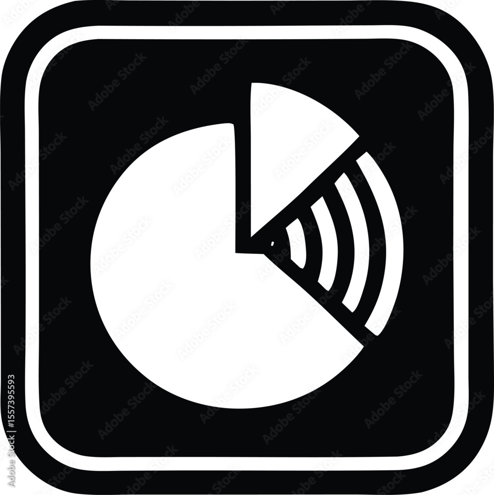 Poster simple black and white icon representing a pie chart with a segment displaying radiating waves enclo
