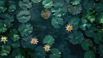 A serene pond surface, adorned with vibrant water lilies and lush leaves.