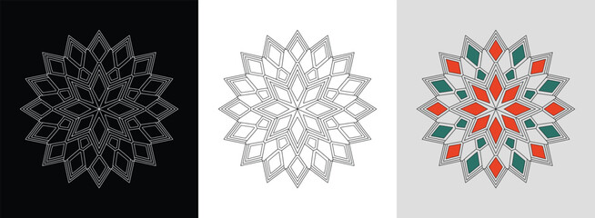 Geometric star mandala with concentric diamonds and bright color fills for vibrant decor.