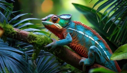 Fototapeta premium vibrant chameleon amidst lush tropical foliage a stunning illustration of nature s beauty