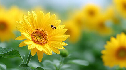 Obraz premium Bright yellow sunflower blooms under summer sun. Busy bee pollinates golden petals. Beauty, nature, sunny weather, agricultural plant. Pollination concept, gardening. Sunshine creates vacation mood,