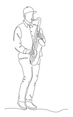 Man playing saxophone brass instrument. Continuous line drawing. Black and white vector illustration in line art style.