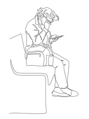 Senior woman in glasses sitting on park bench and using mobile phone. Side view. Continuous line drawing. Black and white vector illustration in line art style.