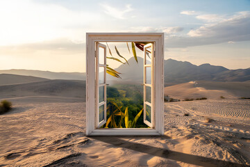 An open window frame standing alone in the desert, showing a lush rainforest beyond, with the wind visibly blowing leaves through the portal