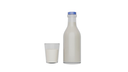 3D Render a bottle of milk and a glass of milk