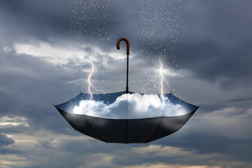An open umbrella floating upside down, filled with clouds and lightning inside, while raindrops rise upward into the sky, surreal weather inversion concept