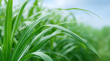 Obraz premium Sugarcane plant farm for harvest in sunny summer. Renewable energy source. Close-up view of sugarcane stalks with green leaves. Agriculture crop, biofuel concept.