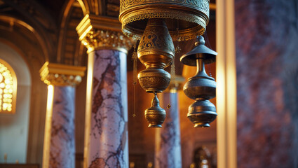 Fototapeta premium Elegant antique brass lanterns hanging in a luxurious marble columned interior space