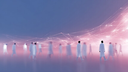 Illustration depicts abstract network, connected humans. AI-driven platform for clinical trials recruitment, data analysis. Collaboration, innovation, research, strategy, solution for healthcare tech.