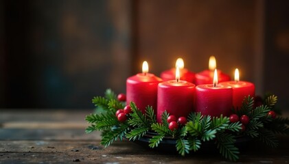 Advent wreath with four lit candles, rustic setting, lit, four candles