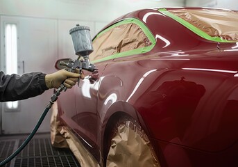 Automotive Technician Spray Painting Car Body in Professional Workshop, Auto Body Repair, Vehicle Maintenance, Industrial Painting Process