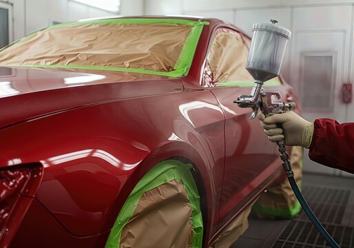 Automotive Technician Spray Painting Car Body in Professional Workshop, Auto Body Repair, Vehicle Maintenance, Industrial Painting Process
