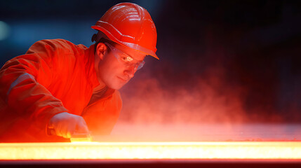 Worker in orange workwear melts aluminium metal. Metal industry worker in metallurgical plant, smelting shop. Sparks, flames, industrial production, safety. Metalworking, manufacturing, steel