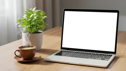 Fototapeta premium Laptop with white screen on a desk for website or application UI mockup