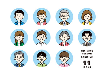 オフィスで働く、笑顔のビジネスパーソンのアバターアイコン素材セット＿円形＿ベクター＿カラー