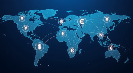 Digital world map displaying currency symbols and their interconnected global network.