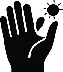 Black silhouette of an open palm reaching towards a stylized sun or virus symbol representing protection or exposure