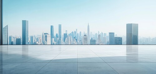 Empty rooftop terrace overlooking a city skyline