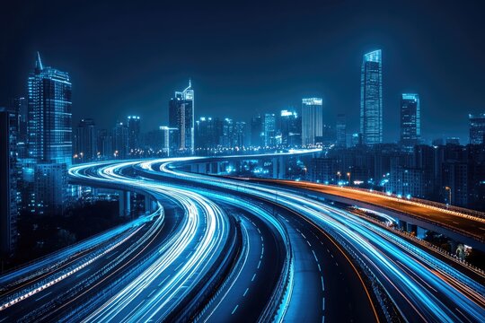 Night city highway with light trails - Powered by Adobe