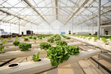 Modern hydroponic farm inside a climate-controlled facility, rows of leafy greens suspended in nutrient solutions, sterile and sleek environment, isolated background