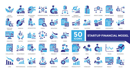 Startup financial model icon solid two color set collection. This set includes angel investor, market penetration, profit share, acquisition and more icons. Vector icons collection for infographics