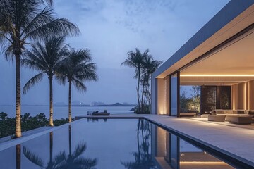 Modern waterfront home at twilight