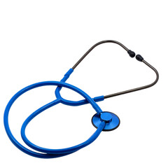 A vibrant blue stethoscope with a black background isolated for medical use