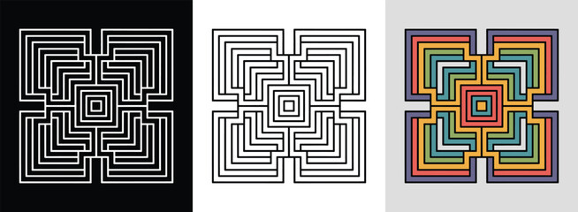 Square maze mandala with interconnected lines and vibrant fills for dynamic decor.