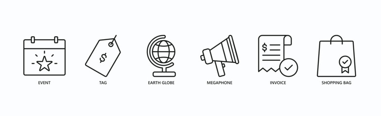Event Marketing Icon Set Isolated Vector Illustration Concept With Icon Of Event, Tag, Earth Globe, Megaphone, Invoice, Shopping Bag In Outline Style