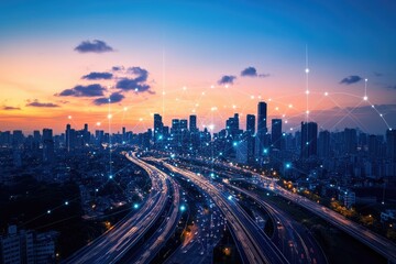 Fototapeta premium Aerial view of a city at sunset, interconnected by a network of lines