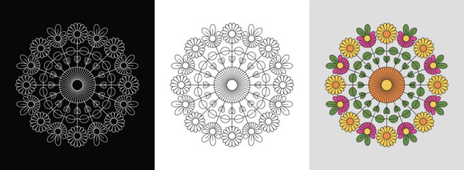 Sunny daisy mandala with petals, leaves, and bright cheerful colors for vibrant decor.
