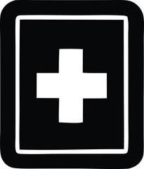 A simple bold black square with a white plus sign centered within its borders conveying a sense of medical or positive action