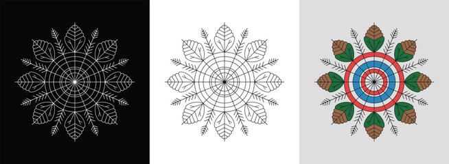 Winter woods mandala with pinecones, snowflakes, and bright forest colors for seasonal decor.