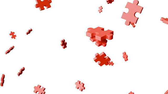 3D Render a group of red puzzle pieces flying through the air