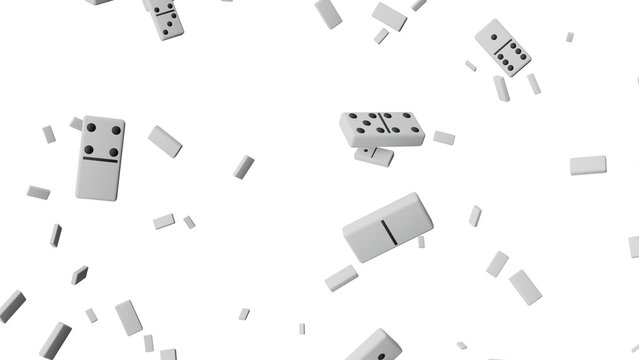 3D Render a lot of dominos falling down on a white surface